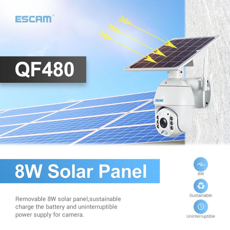 ESCAM QF480 EU Version HD 1080P IP66 Waterproof 4G Solar Panel PT IP Camera with Battery, Support Night Vision / Motion Detection / TF Card / Two Way Audio, with Battery(EU Version) ESCAM QF480 EU Version HD 1080P IP66 Waterproof 4G Solar Panel PT IP Camera with Battery, Support Night Vision / Motion Detection / TF Card / Two Way Audio, with Battery(EU Version)